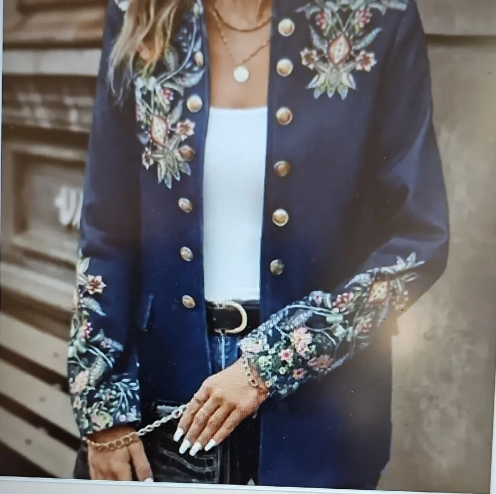 NWT Sinhoon Navy Double Breasted Gold Tone Button Tailored Floral Blazer XL - Picture 1 of 12